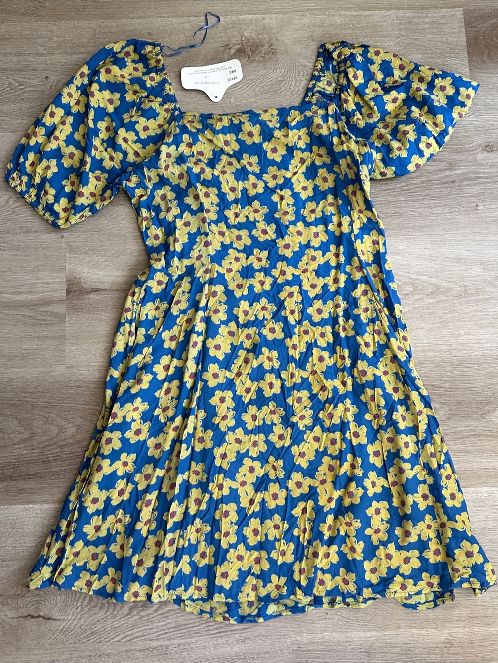 NWT Angie Blue Yellow Floral Puff Sleeve Square Neck Mini Dress Size S